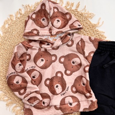 INVERNO 2025 - Conj. Ursinhos Casaco com capuz em Plush e Calça Moletom Preto